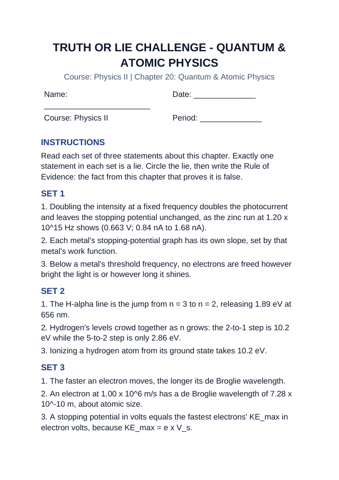 Quantum & Atomic Physics Truth or Lie Challenge sample page