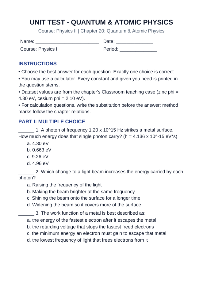 Quantum & Atomic Physics Unit Test sample page