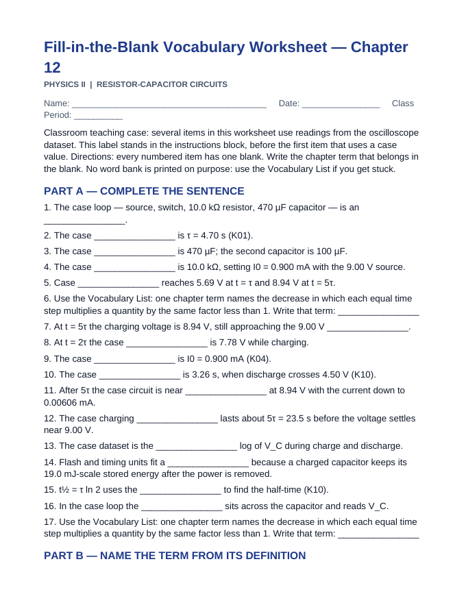 Resistor-Capacitor Circuits Fill-in-the-Blank Vocabulary Worksheet sample page