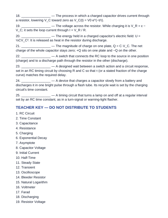 Resistor-Capacitor Circuits Fill-in-the-Blank Vocabulary Worksheet sample page