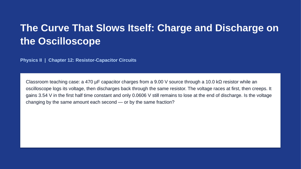 Resistor-Capacitor Circuits Phenomena-Based Lesson: The Curve That Slows Itself: Charge and Discharge on the Oscilloscope Presentation sample page