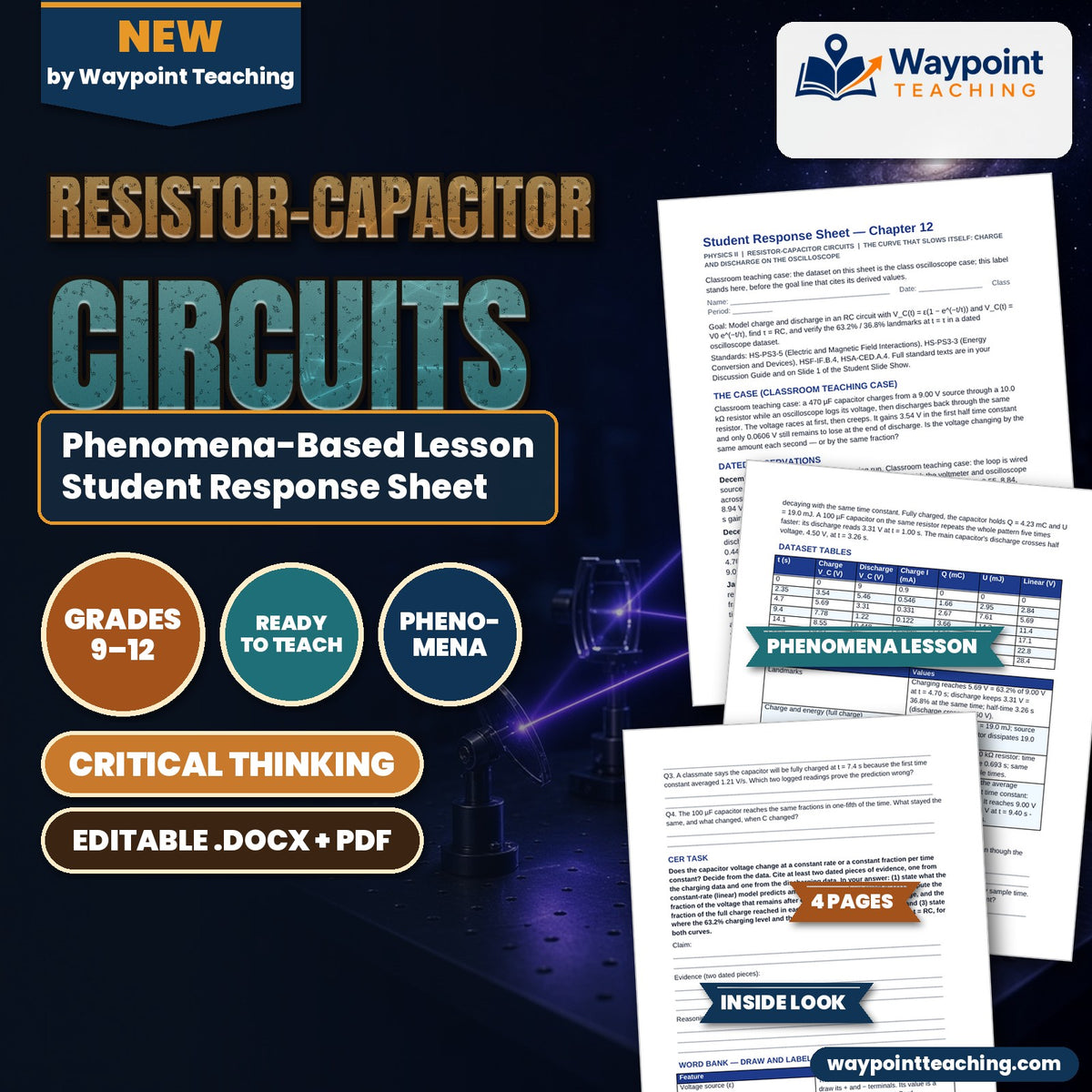 Resistor-Capacitor Circuits Phenomena-Based Lesson: The Curve That Slows Itself: Charge and Discharge on the Oscilloscope Student Response Sheet cover