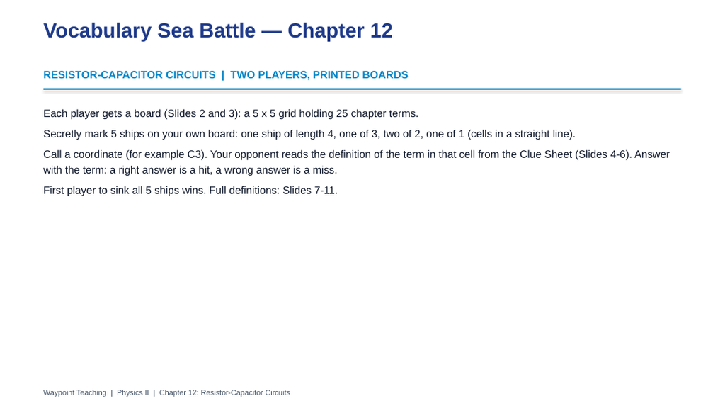 Resistor-Capacitor Circuits Sea Battle Review Game sample page