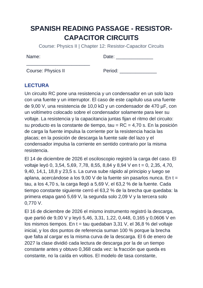 Resistor-Capacitor Circuits Spanish Reading Passage & Comprehension Questions sample page