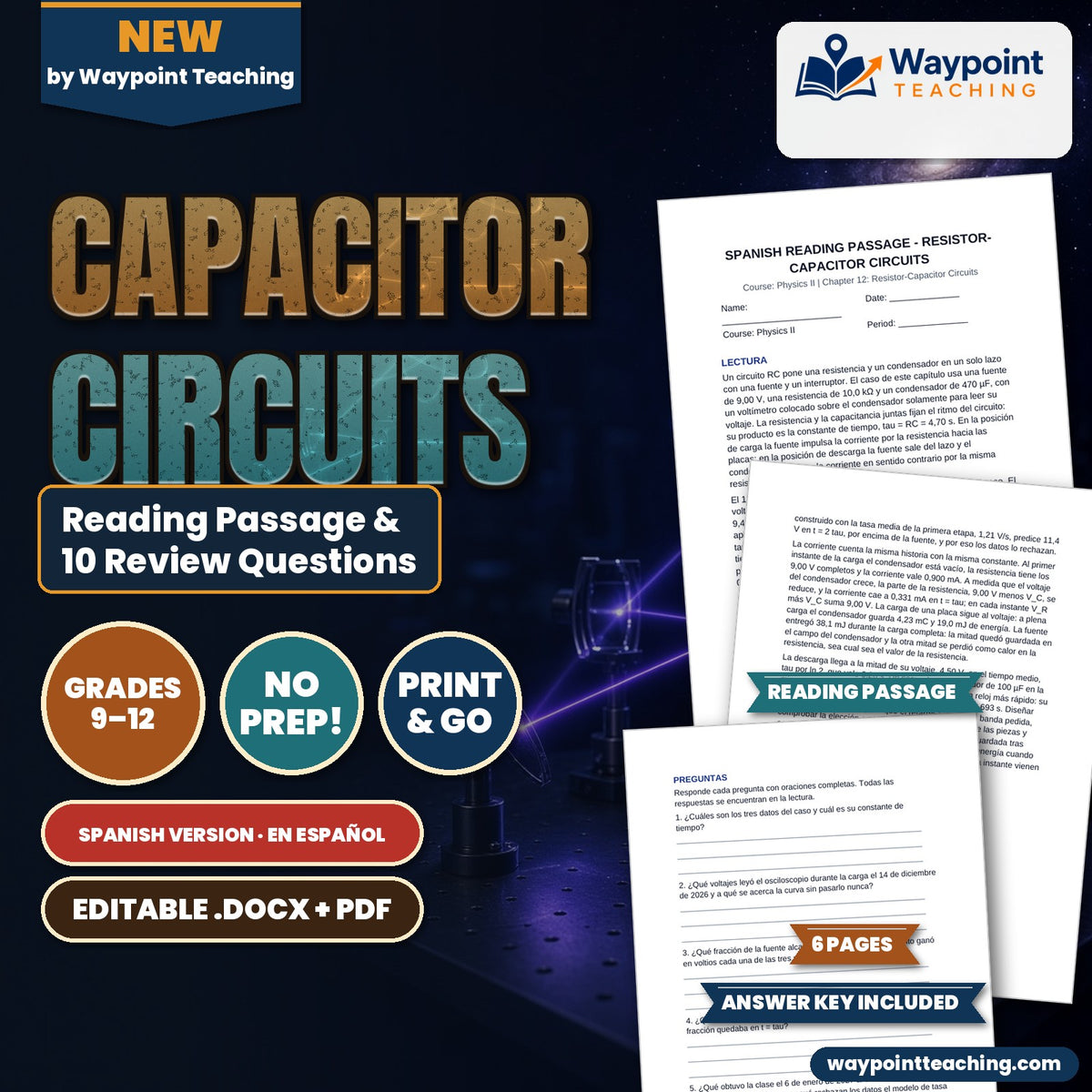 Resistor-Capacitor Circuits Spanish Reading Passage & Comprehension Questions cover