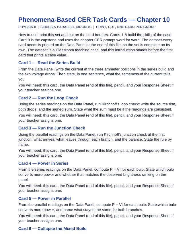 Series & Parallel Circuits CER Task Cards sample page