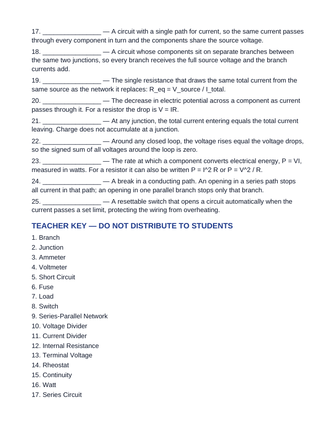 Series & Parallel Circuits Fill-in-the-Blank Vocabulary Worksheet sample page