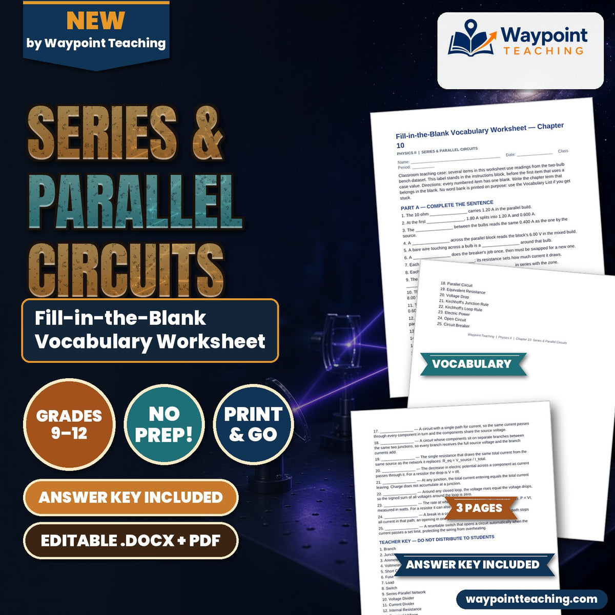 Series & Parallel Circuits Fill-in-the-Blank Vocabulary Worksheet cover