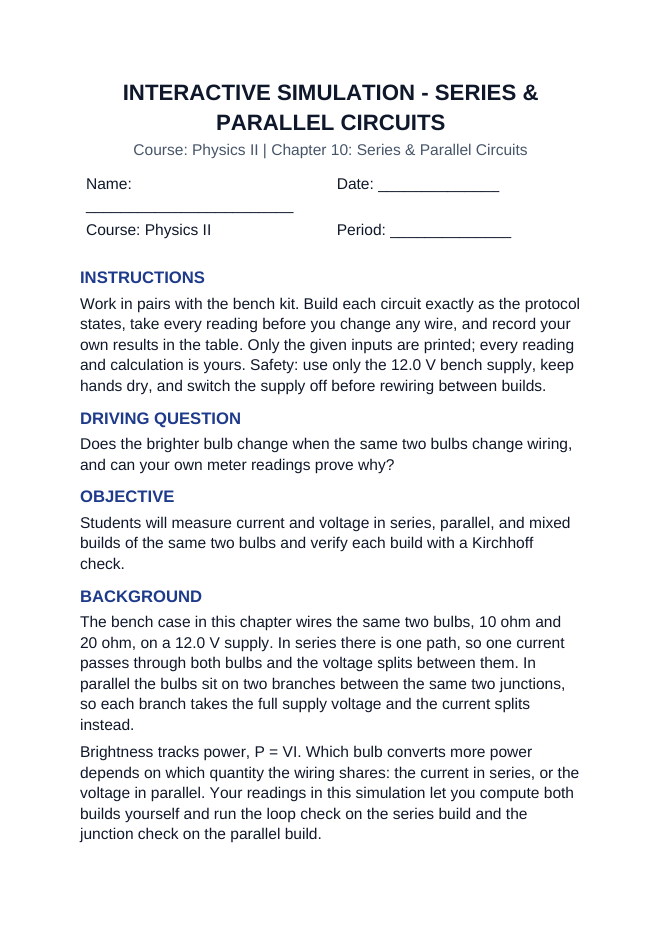 Series & Parallel Circuits Interactive Simulation sample page