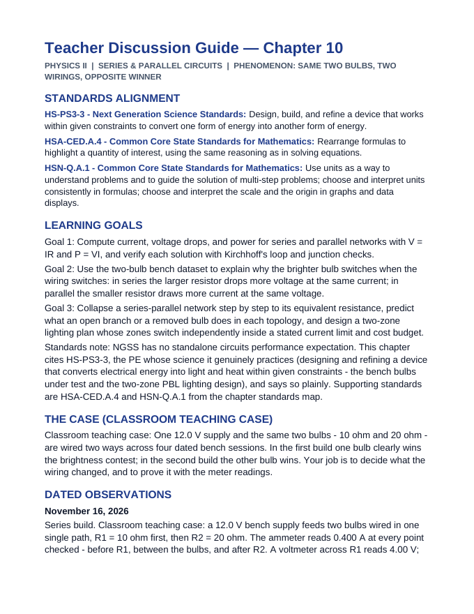 Series & Parallel Circuits Phenomena-Based Lesson: Same Two Bulbs, Two Wirings, Opposite Winner Teacher Discussion Guide sample page
