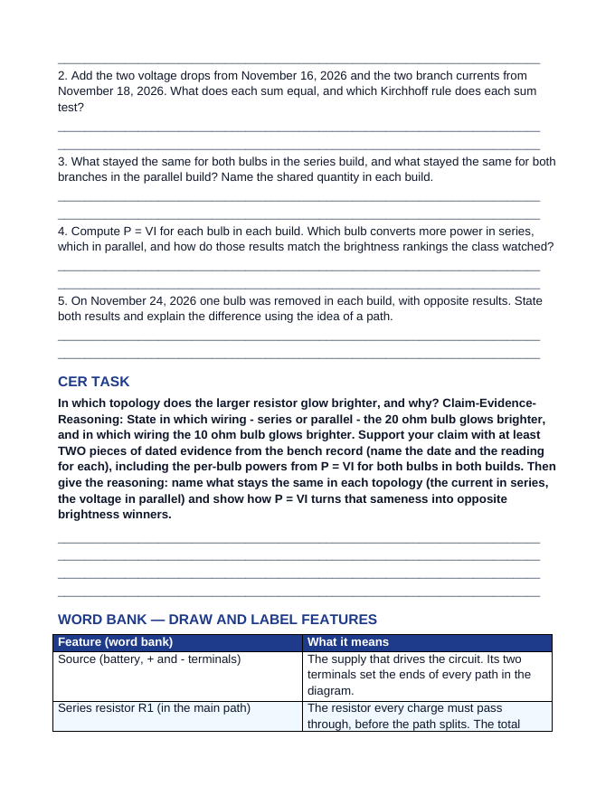 Series & Parallel Circuits Phenomena-Based Lesson: Same Two Bulbs, Two Wirings, Opposite Winner Student Response Sheet sample page