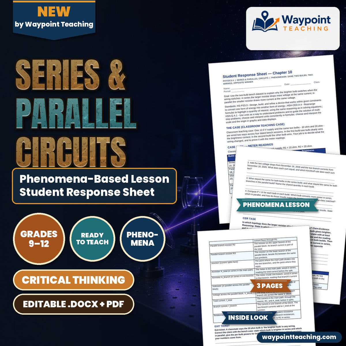 Series & Parallel Circuits Phenomena-Based Lesson: Same Two Bulbs, Two Wirings, Opposite Winner Student Response Sheet cover