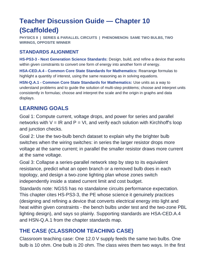 Series & Parallel Circuits Scaffolded Phenomena-Based Lesson: Same Two Bulbs, Two Wirings, Opposite Winner Teacher Discussion Guide sample page