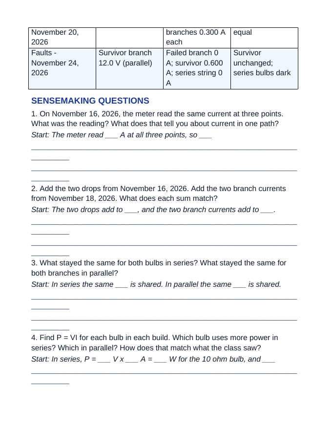 Series & Parallel Circuits Scaffolded Phenomena-Based Lesson: Same Two Bulbs, Two Wirings, Opposite Winner Student Response Sheet sample page