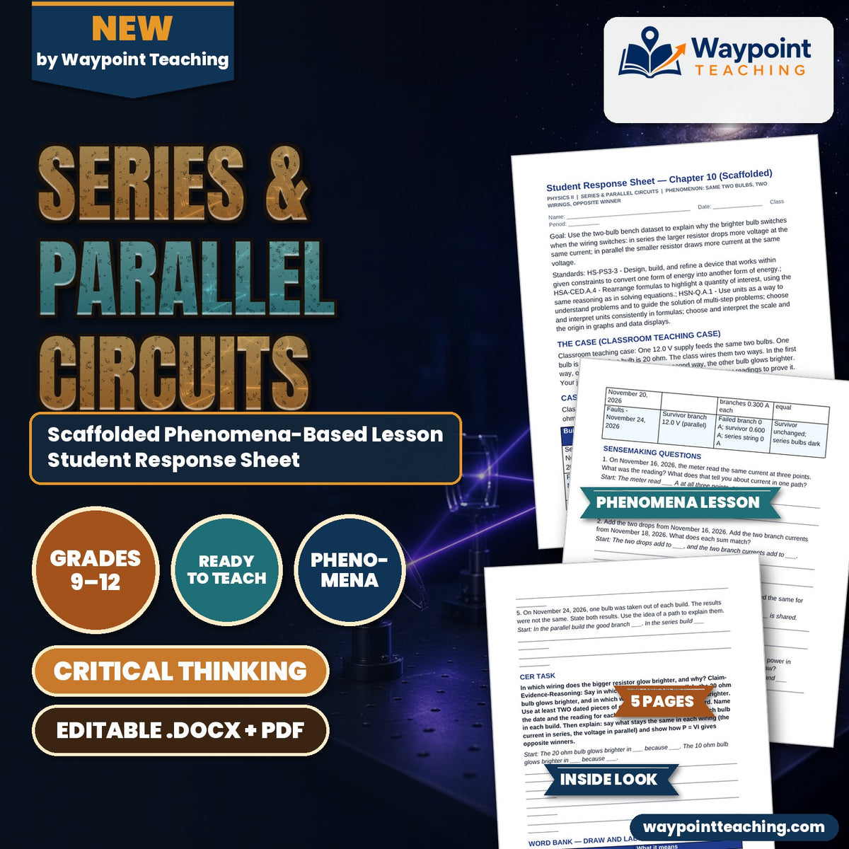Series & Parallel Circuits Scaffolded Phenomena-Based Lesson: Same Two Bulbs, Two Wirings, Opposite Winner Student Response Sheet cover