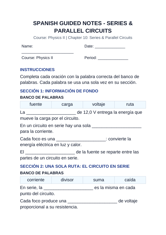 Series & Parallel Circuits Spanish Guided Notes sample page