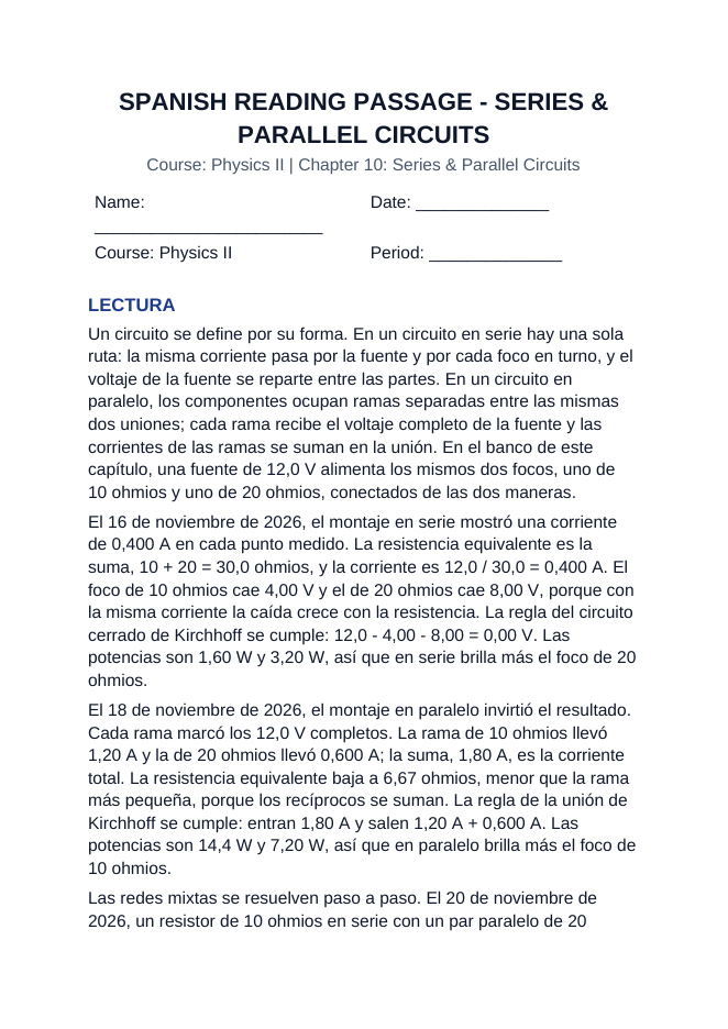 Series & Parallel Circuits Spanish Reading Passage & Comprehension Questions sample page