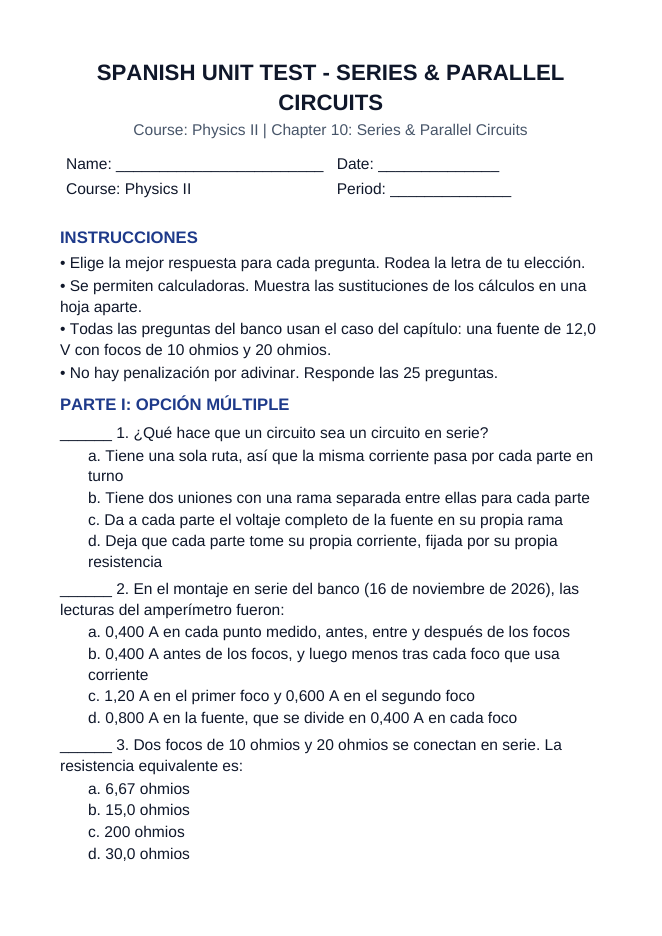 Series & Parallel Circuits Spanish Unit Test sample page