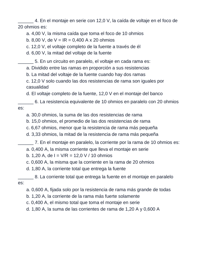 Series & Parallel Circuits Spanish Unit Test sample page