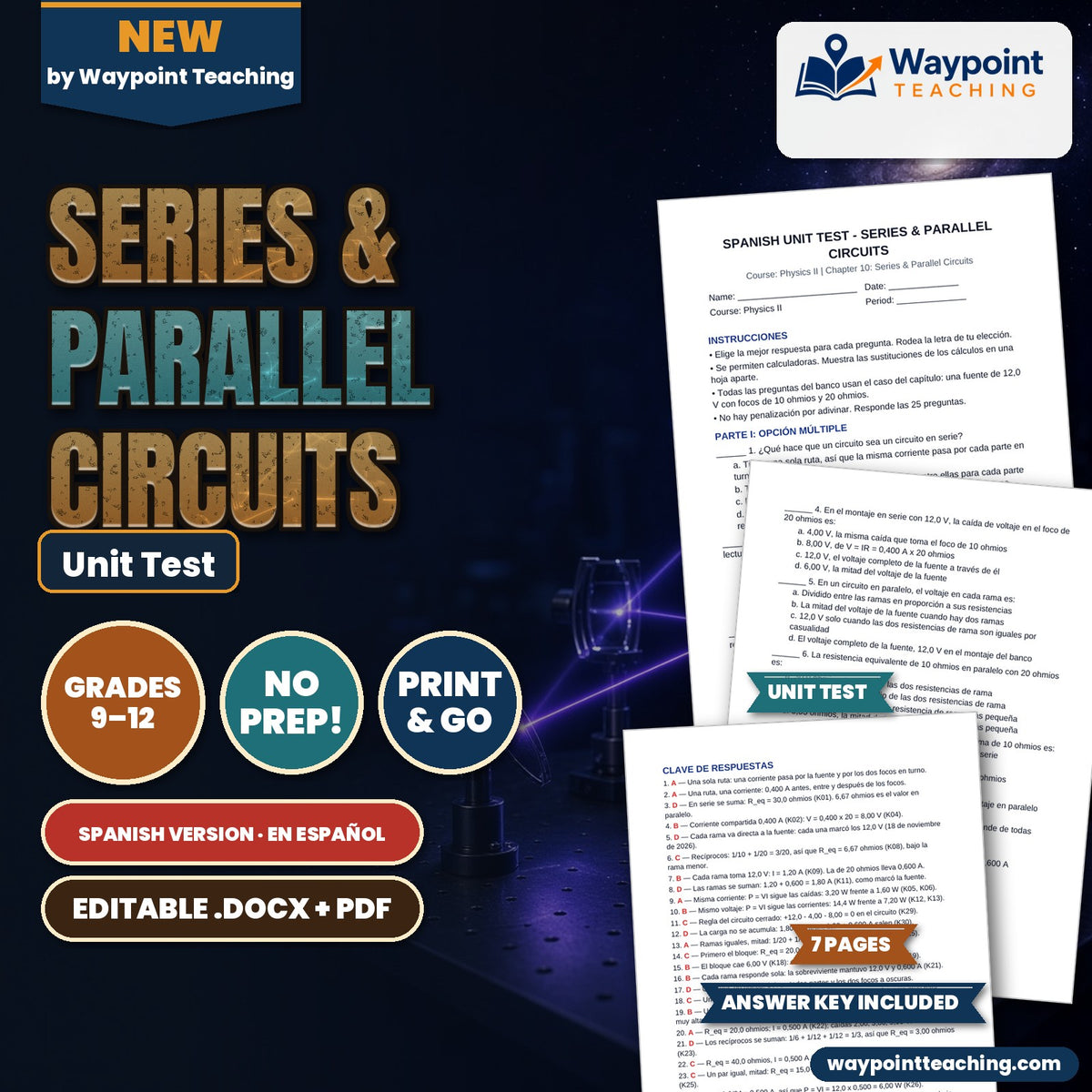 Series & Parallel Circuits Spanish Unit Test cover