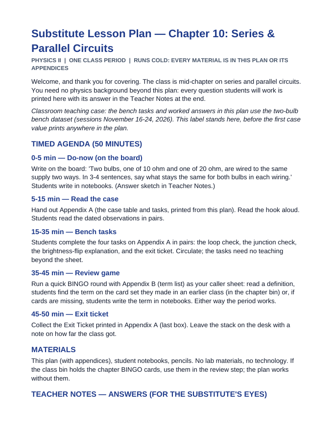 Series & Parallel Circuits Substitute Lesson Plan sample page
