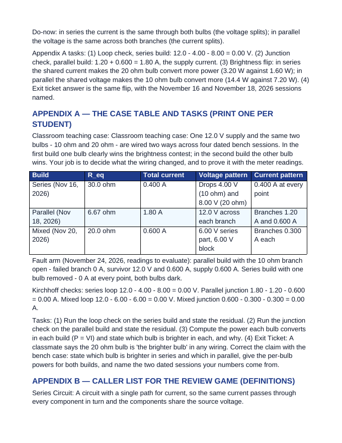 Series & Parallel Circuits Substitute Lesson Plan sample page