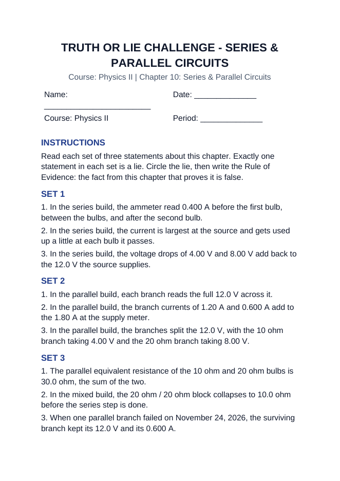 Series & Parallel Circuits Truth or Lie Challenge sample page