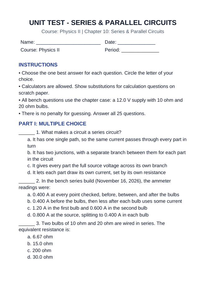 Series & Parallel Circuits Unit Test sample page