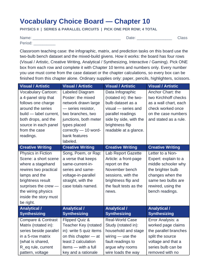 Series & Parallel Circuits Vocabulary Choice Board sample page