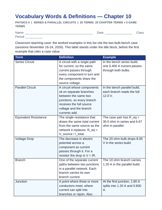 Series & Parallel Circuits Vocabulary Words & Definitions sample page