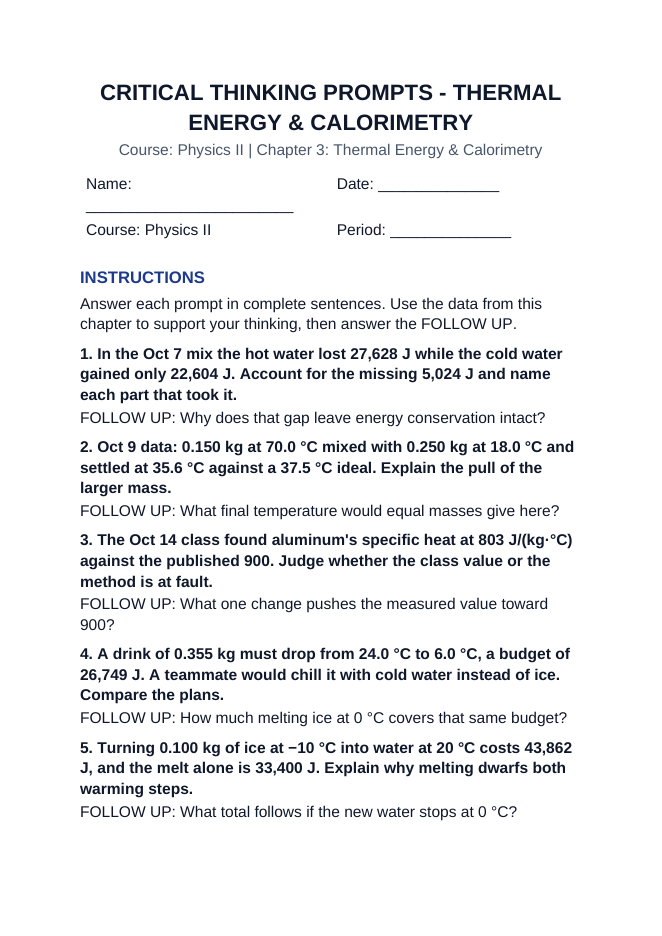 Thermal Energy & Calorimetry Critical Thinking Prompts sample page