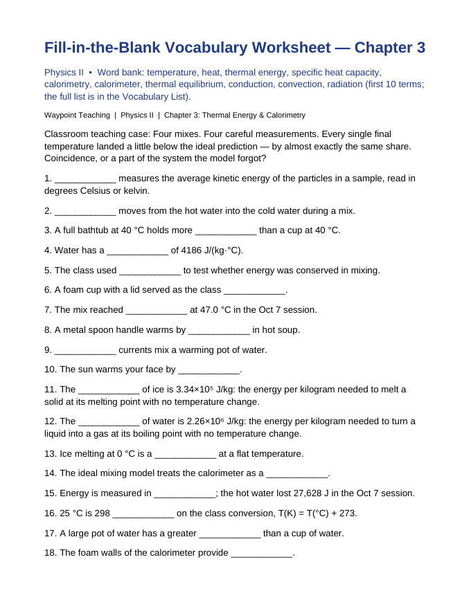 Thermal Energy & Calorimetry Fill-in-the-Blank Vocabulary Worksheet sample page