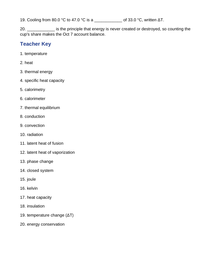 Thermal Energy & Calorimetry Fill-in-the-Blank Vocabulary Worksheet sample page