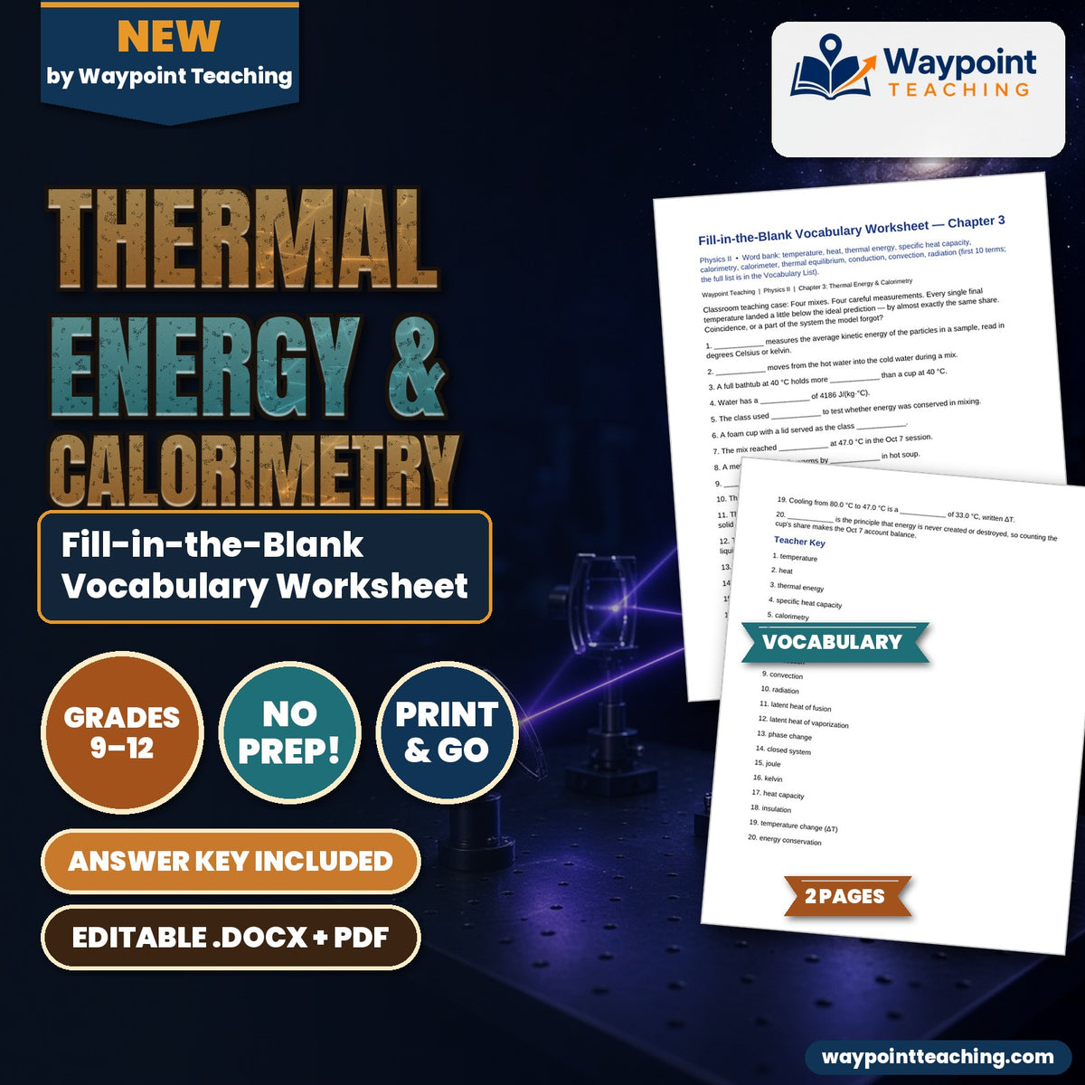 Thermal Energy & Calorimetry Fill-in-the-Blank Vocabulary Worksheet cover