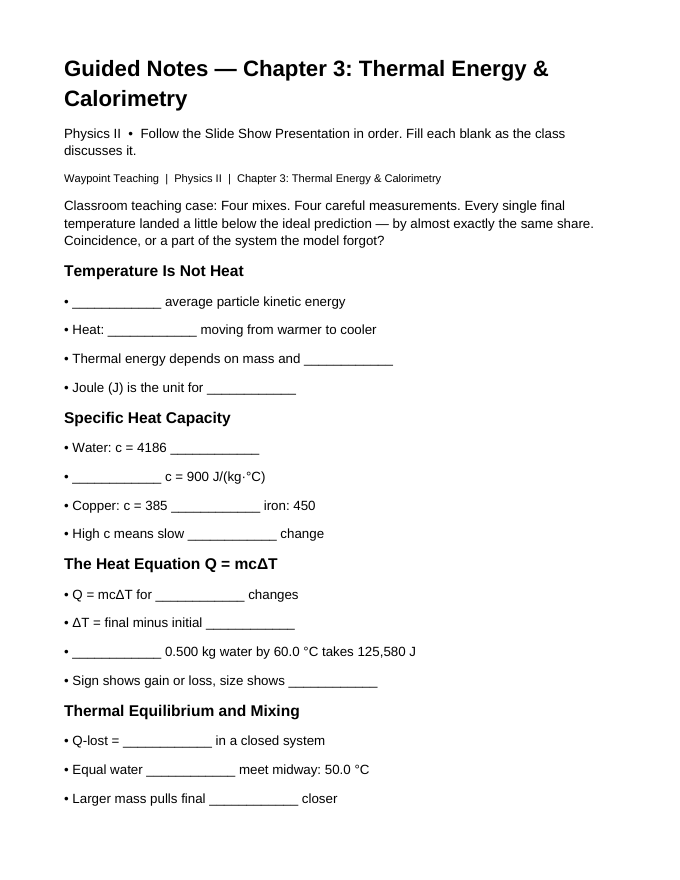 Thermal Energy & Calorimetry Guided Notes sample page