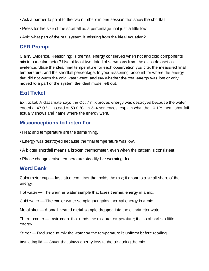 Thermal Energy & Calorimetry Phenomena-Based Lesson: The Calorimeter Shortfall: Where Did the Energy Go? Teacher Discussion Guide sample page