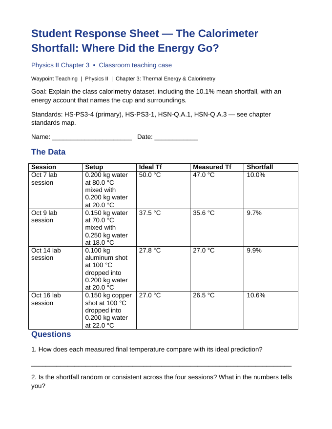 Thermal Energy & Calorimetry Phenomena-Based Lesson: The Calorimeter Shortfall: Where Did the Energy Go? Student Response Sheet sample page