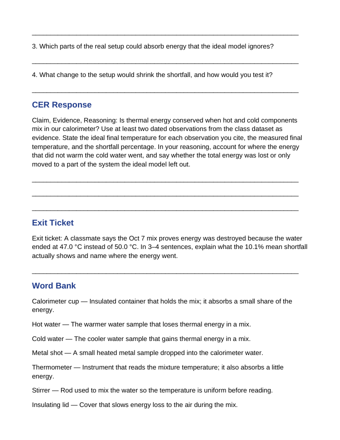 Thermal Energy & Calorimetry Phenomena-Based Lesson: The Calorimeter Shortfall: Where Did the Energy Go? Student Response Sheet sample page