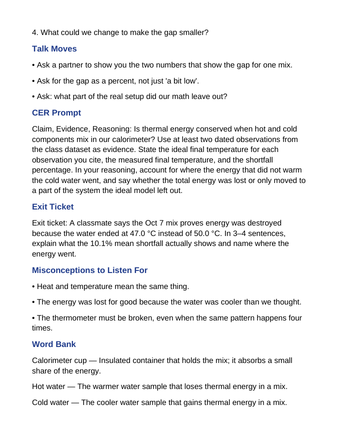 Thermal Energy & Calorimetry Scaffolded Phenomena-Based Lesson: The Calorimeter Puzzle: Where Did the Energy Go? Teacher Discussion Guide sample page