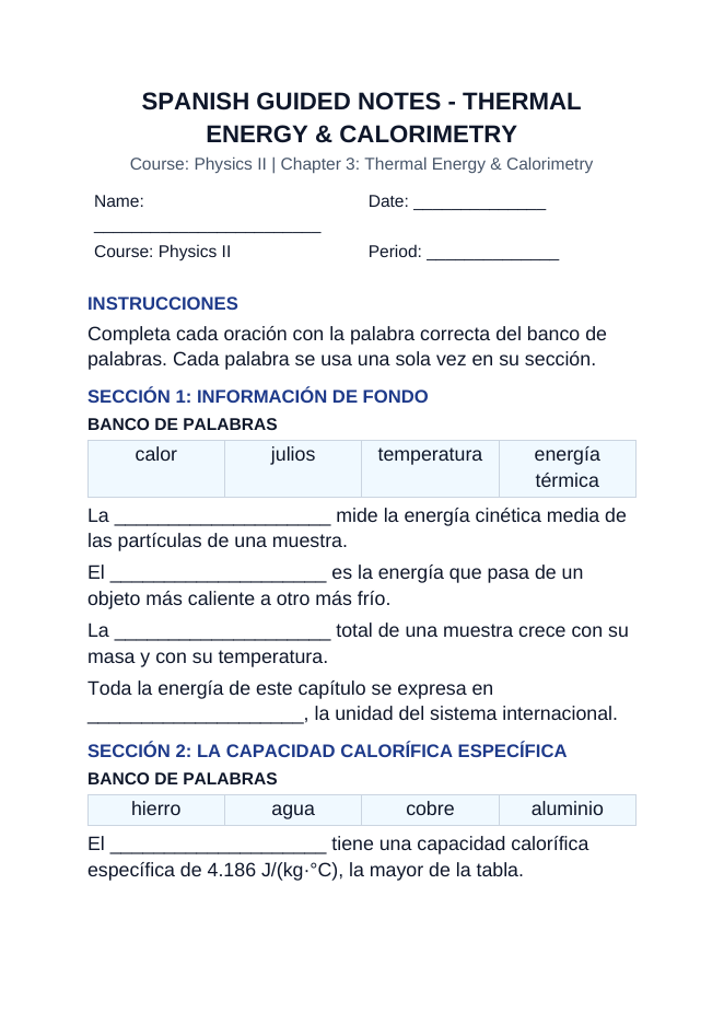 Thermal Energy & Calorimetry Spanish Guided Notes sample page