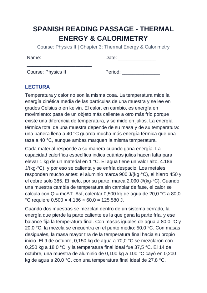 Thermal Energy & Calorimetry Spanish Reading Passage & Comprehension Questions sample page