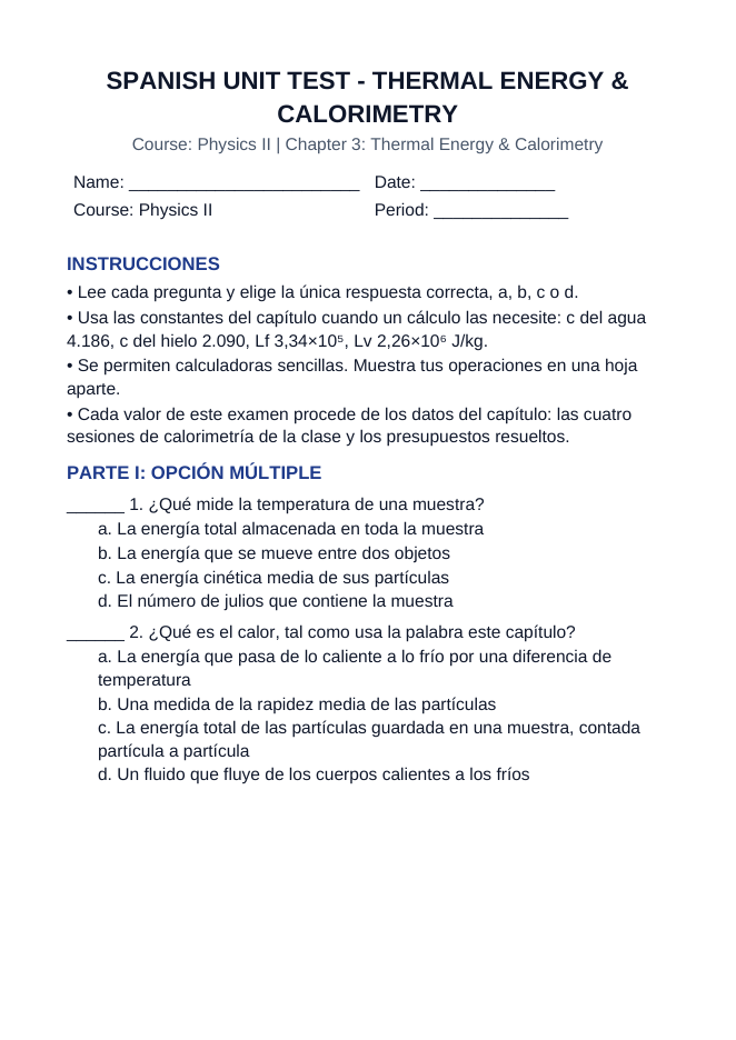 Thermal Energy & Calorimetry Spanish Unit Test sample page