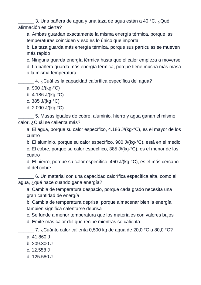 Thermal Energy & Calorimetry Spanish Unit Test sample page