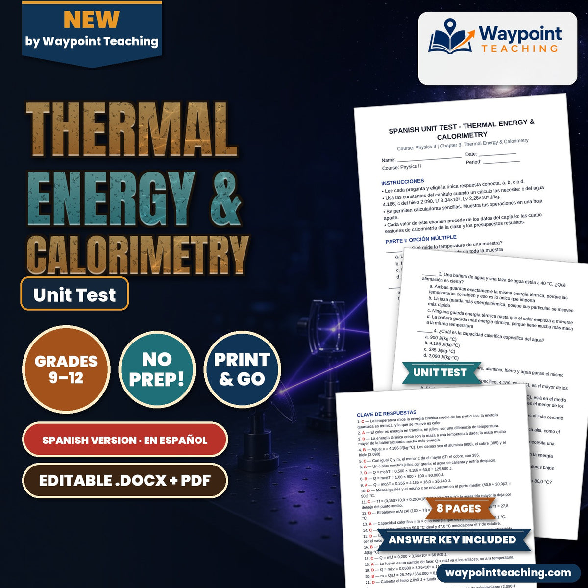 Thermal Energy & Calorimetry Spanish Unit Test cover