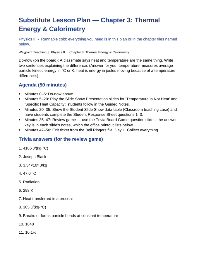 Thermal Energy & Calorimetry Substitute Lesson Plan sample page