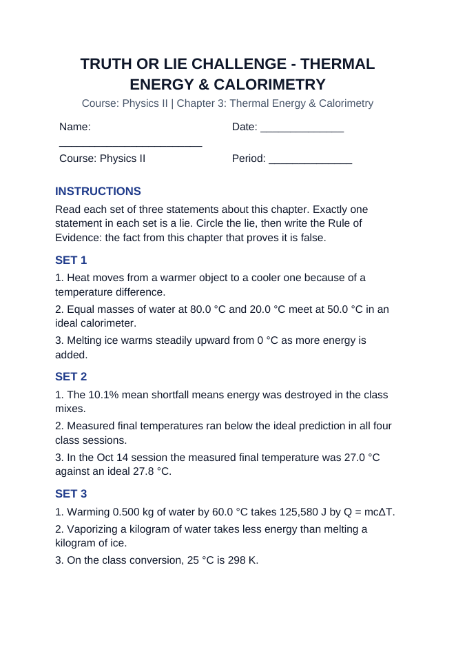 Thermal Energy & Calorimetry Truth or Lie Challenge sample page