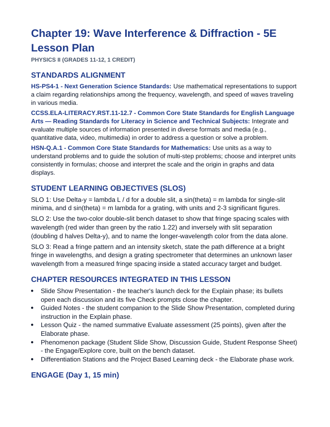 Wave Interference & Diffraction 5E Lesson Plan sample page