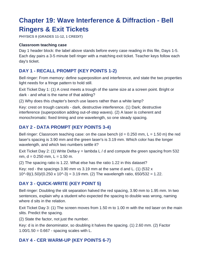 Wave Interference & Diffraction Bell Ringers & Exit Tickets sample page