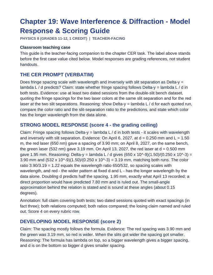 Wave Interference & Diffraction Model Response & Scoring Guide sample page