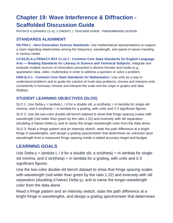 Wave Interference & Diffraction Scaffolded Phenomena-Based Lesson: Two Colors, One Bench: Fringes That Measure Wavelength Teacher Discussion Guide sample page